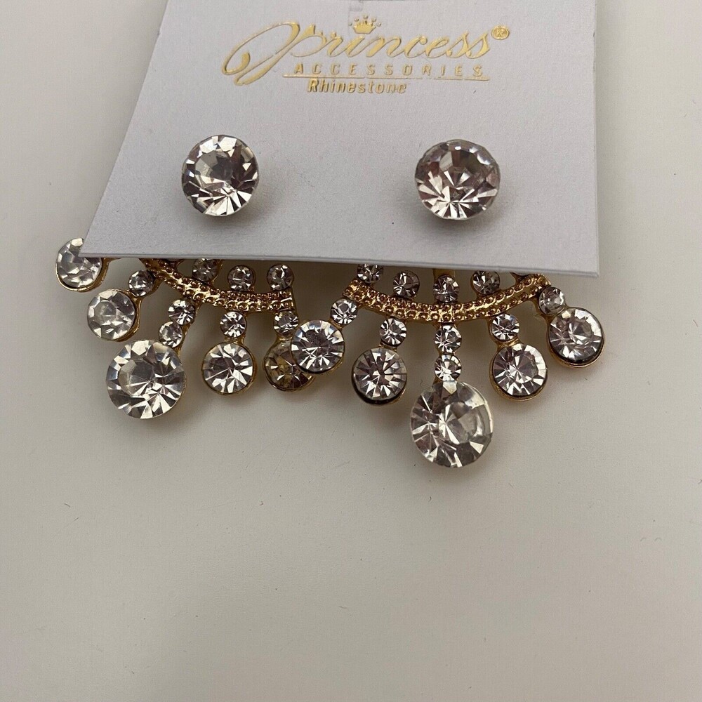 Princess Accessories Rhinestone Under Lobe Cuff Stud Gold Tone Earrings - Picture 2 of 8